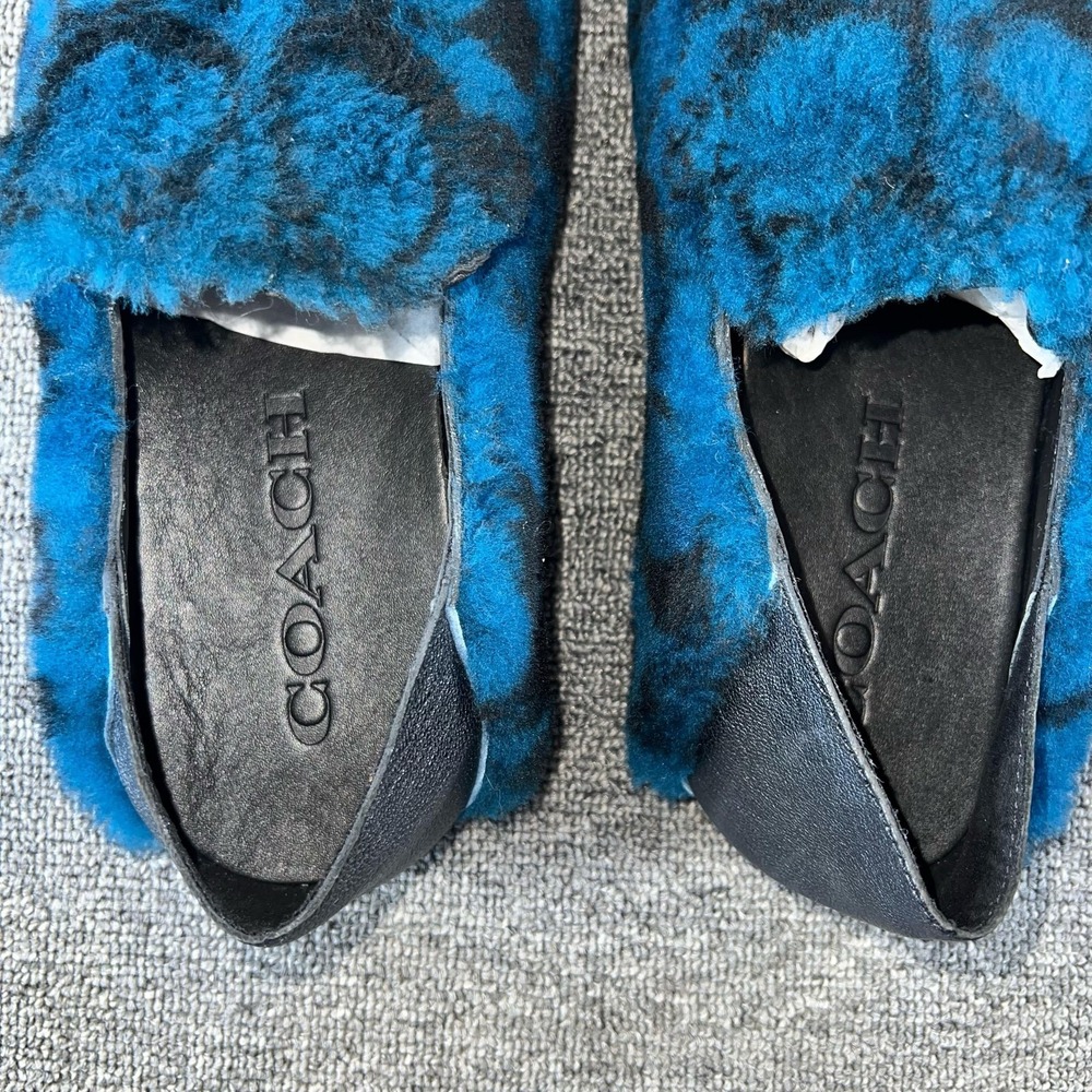 Coach Shoes Mens 11 Blue Shearling Logo Fur Slip On Loafers Leather Sole G4576 - Picture 6 of 11
